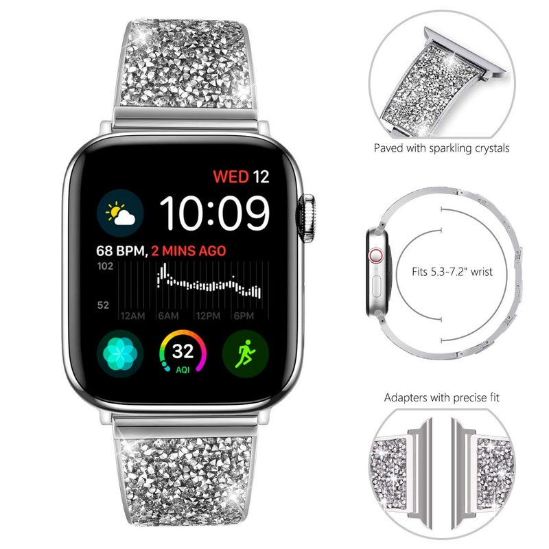 NewWays for Apple Watch Band Series 10 46mm 45mm 44mm, Sparkling Bling Crystal Bracelet for Women iWatch SE Series 10 9 8 7 6 5 4 SE 3 2 1, Silver - Image 2